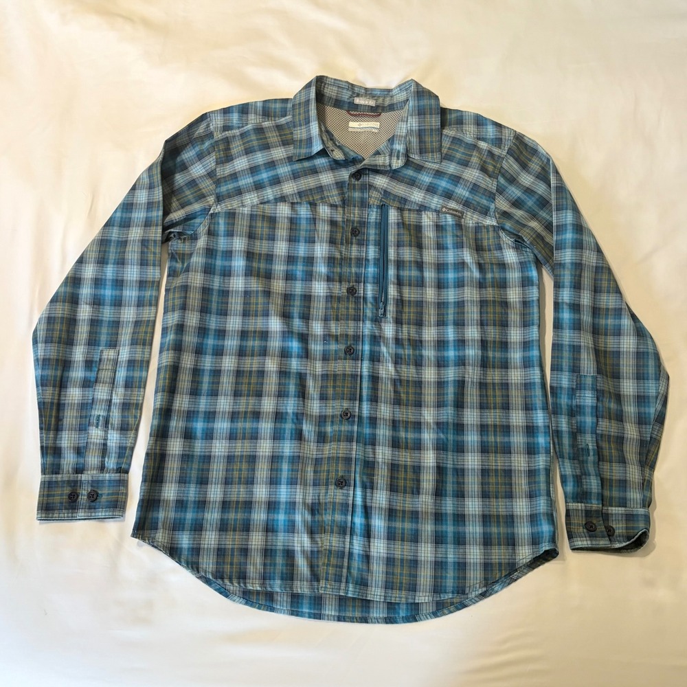 Columbia Mens Blue Plaid Long Sleeve Hiking Shirt Regular Fit Medium Pocket